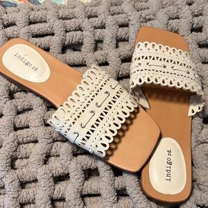 Indigo Laser-Cut Scalloped Slide Sandals